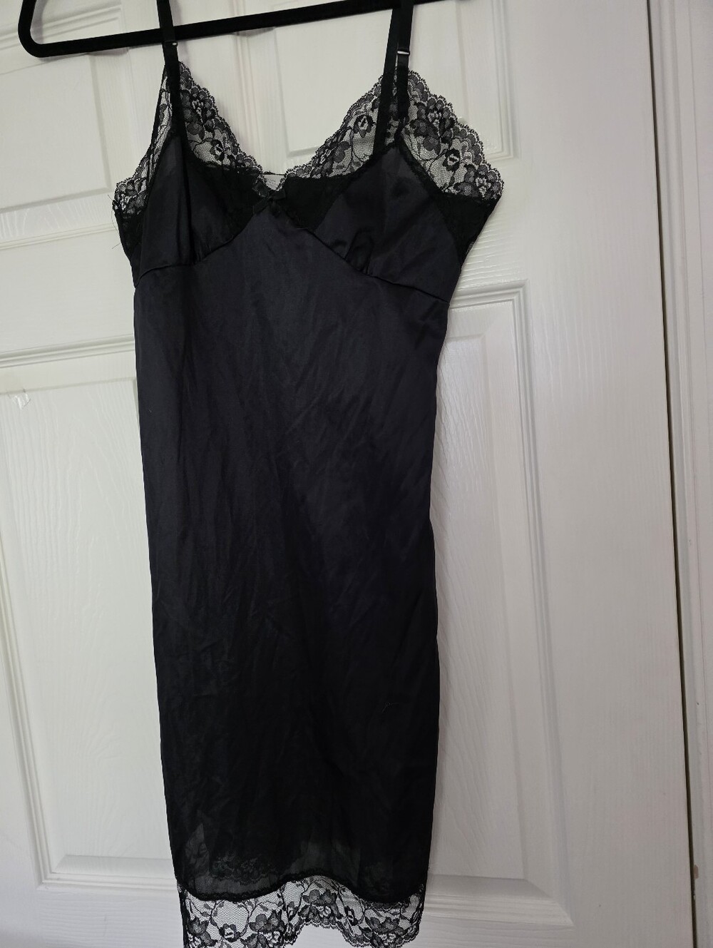 VINTAGE Spaghetti Strap Black Lace Trim Nylon Slip Dress SZ 34 Goth Fairy